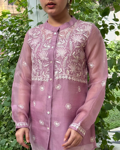 Dull Purple Noor Organza Resham Chikankari Front Open Short Top