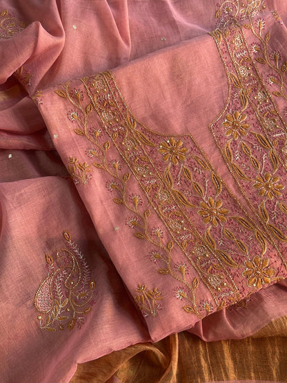 Rose Pink Shade Roheen Tissue Silk Chikankari Unstitched Fabric