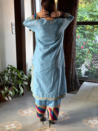 Pastel Blue Chanderi Silk Bird Motif Khadi Salwar Set