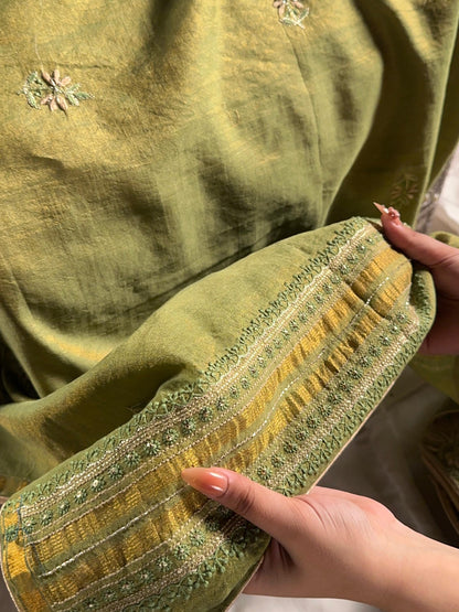 Green Tissue Silk Chikankari Unstitched Fabric