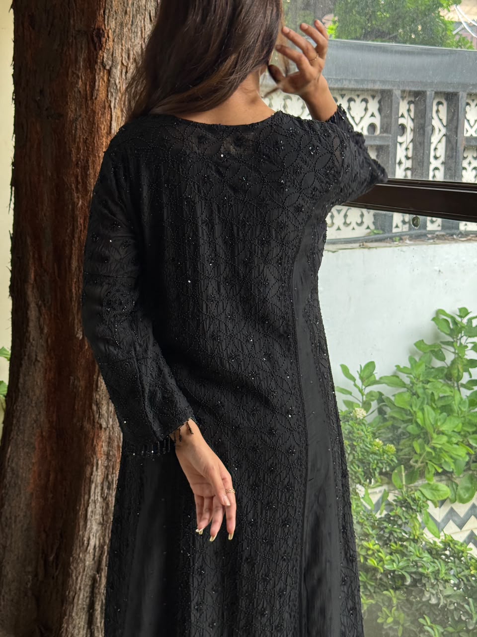 Black Malmal Pearl Work Chikankari A Line Kalidar Kurta With Dupatta