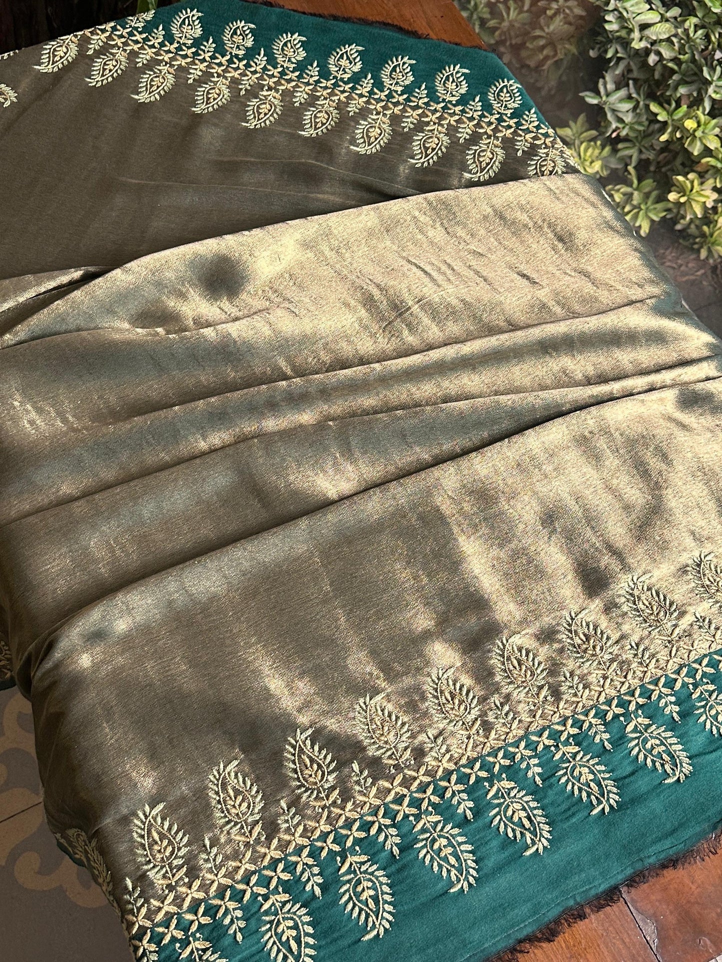 Green & Golden Shade Saman Tissue Silk Fine Chikankari Shawl