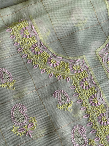 Olive Green Shade Tissue Zari Kota Chikankari Unstitched Fabric