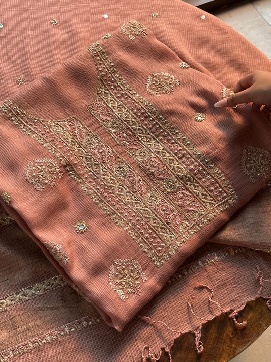 Old Rose Handloom Kota Chikankari With Mirror Work Unstitched Kurta Dupatta Set