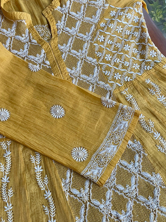 Gold Yellow Shade | Tissue Silk Chikankari Jaali Work Kurta Set