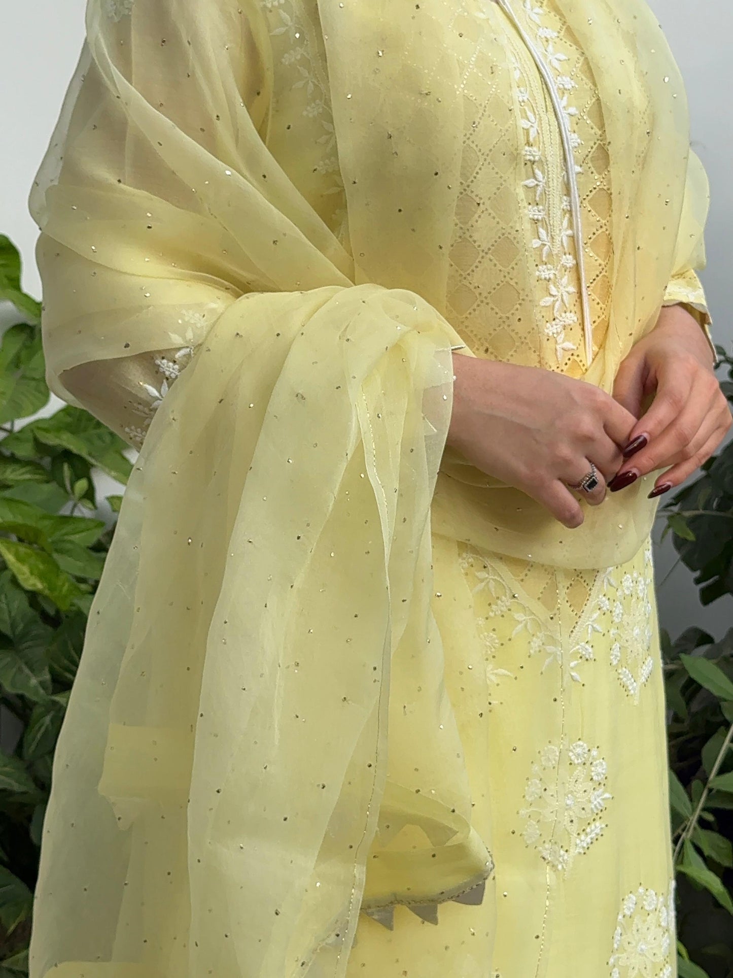 Lemon Custard Daraz Applique Chikankari Mukaish Kurta Dupatta Set