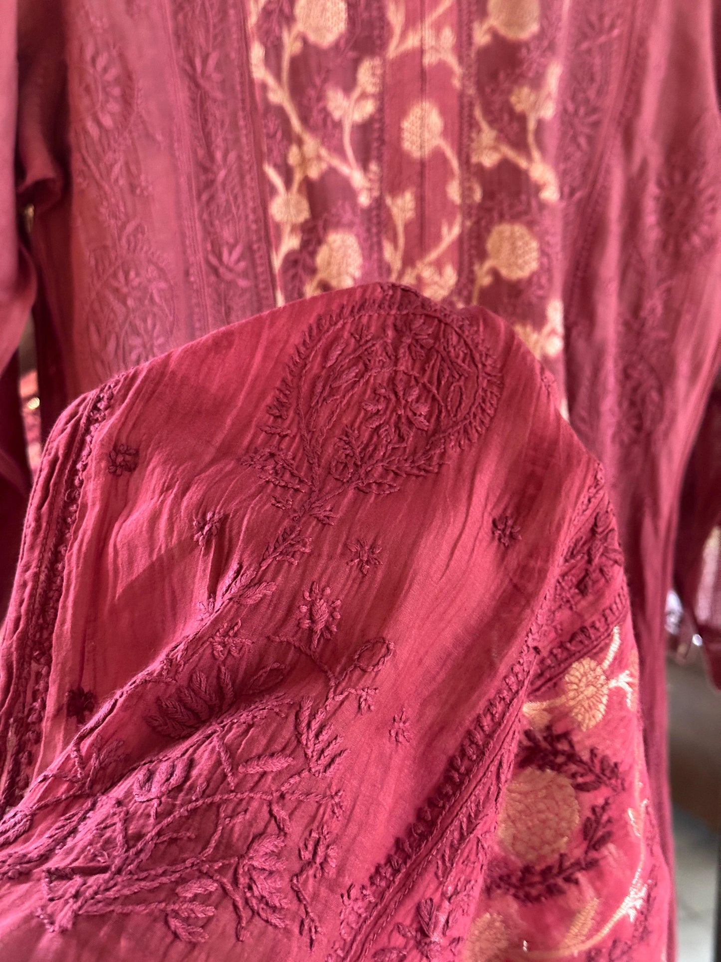 Maroon Zari Chanderi Chikankari A Line Kurta with Slip