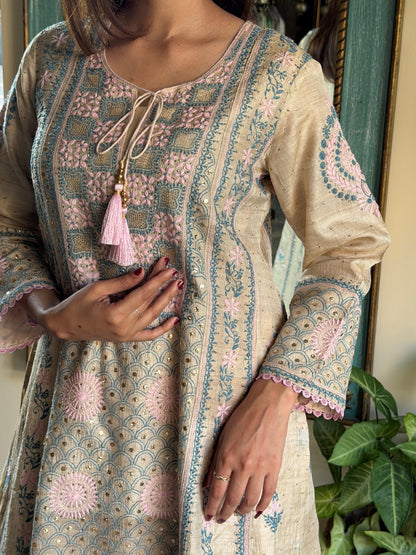 Basak Pink & Blue Natural Tussar Silk Kalidar Chikankari Kurta Set