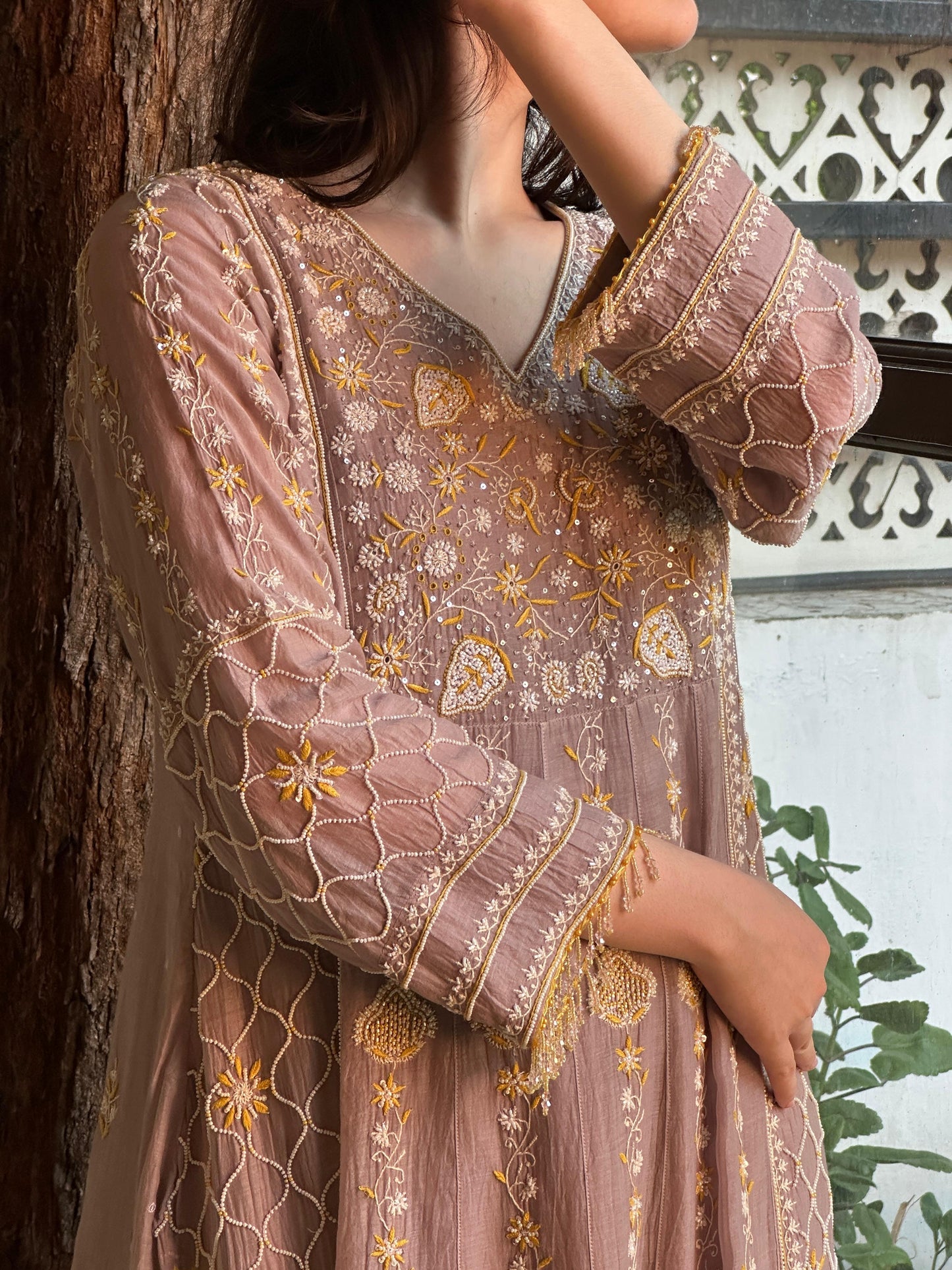 Mauve Shade Malmal Pearl Work Chikankari Kalidar Kurta Set