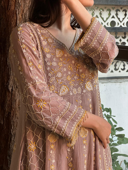 Mauve Shade Malmal Pearl Work Chikankari Kalidar Kurta Set