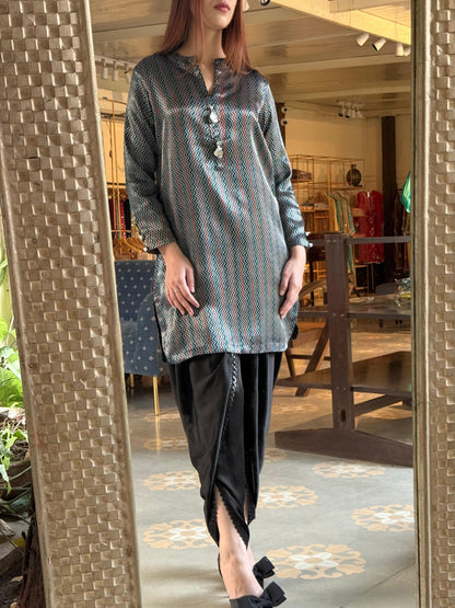 Ajrak Blue Multi Shade Mashru Silk, Short Kurta