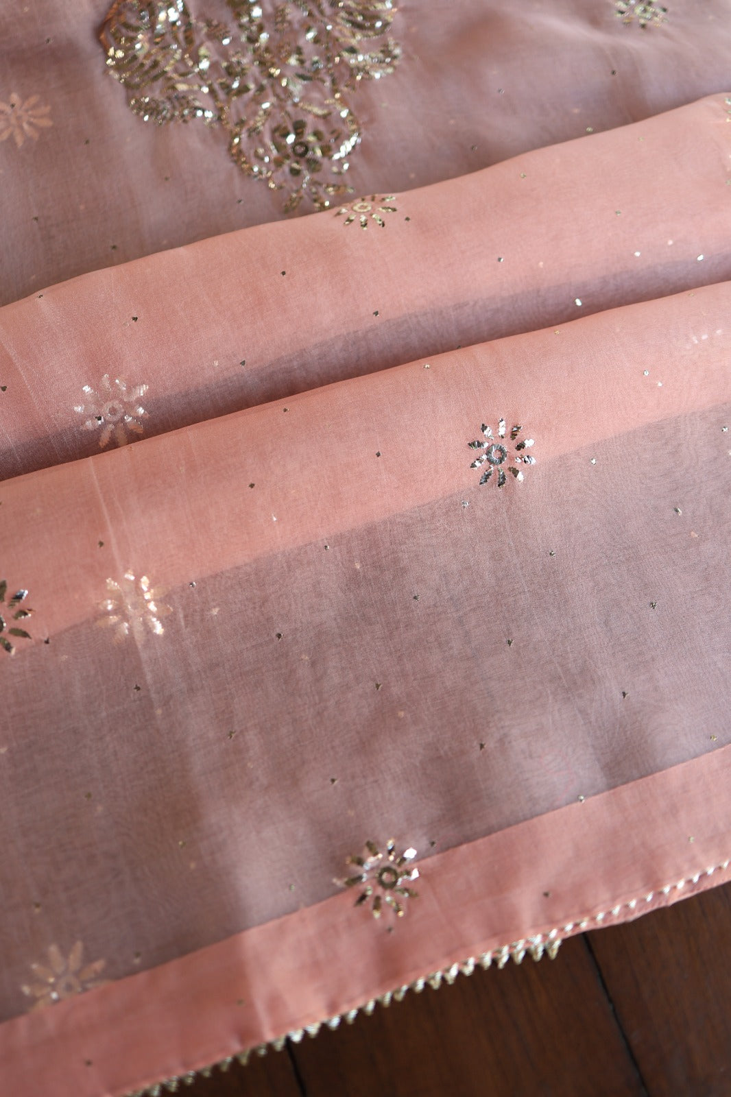 Coral Peach Shade Noor Organza Silk Badla Unstitched Kurta Dupatta Set