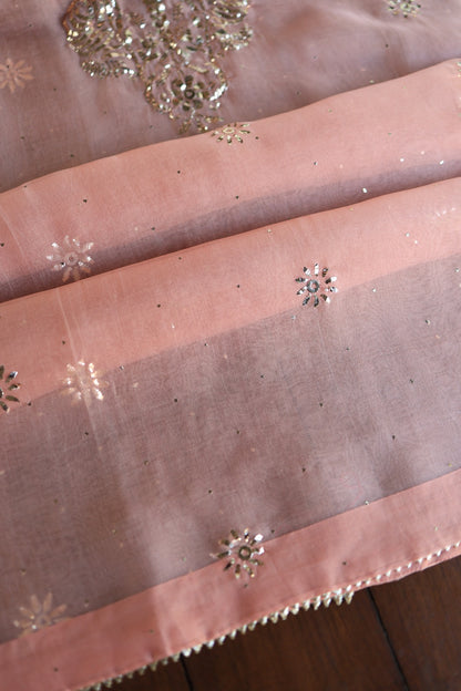 Coral Peach Shade Noor Organza Silk Badla Unstitched Kurta Dupatta Set