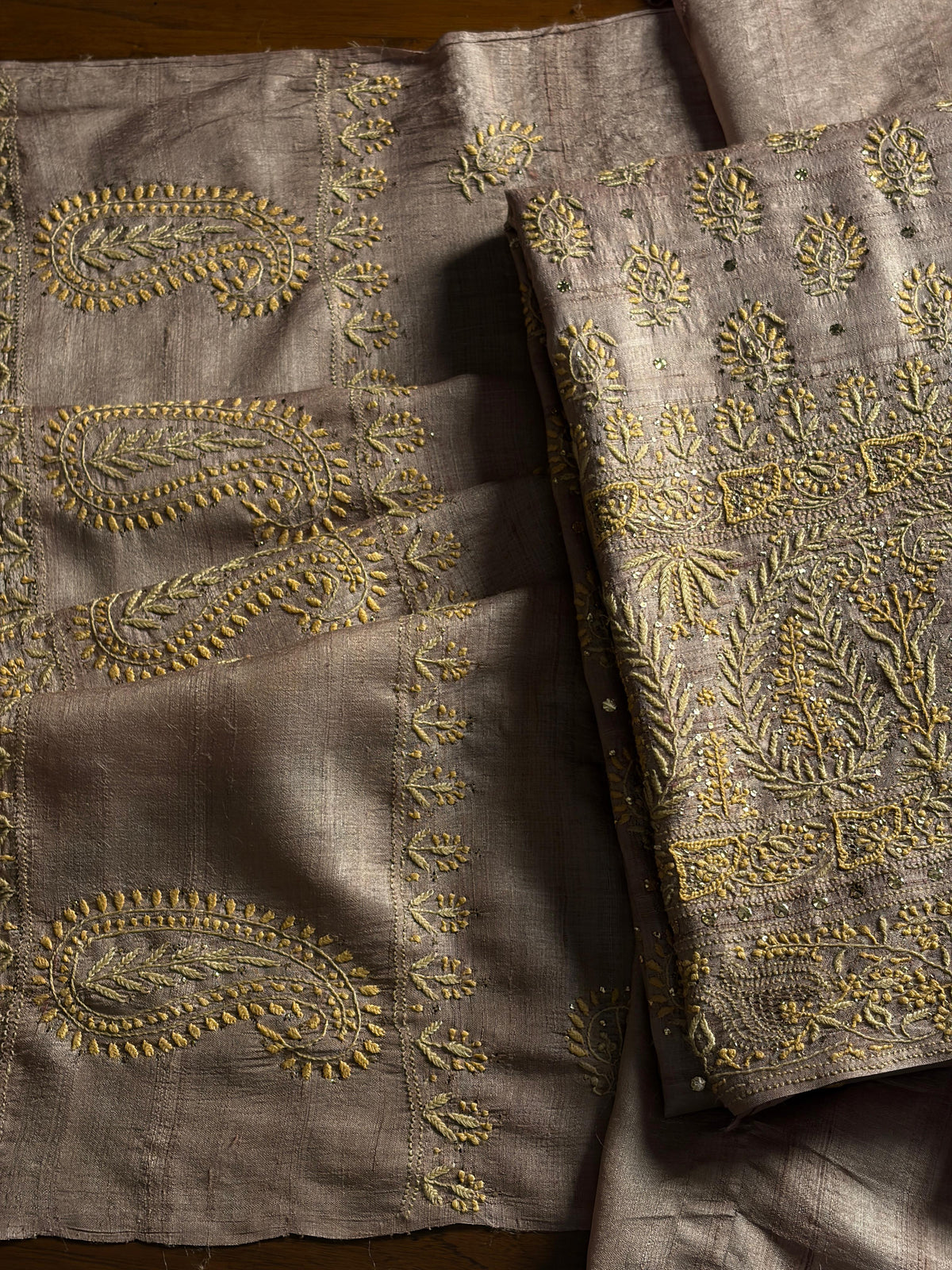 Beige Shade Roheen Tussar Silk Chikankari Fabric