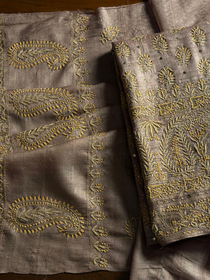 Beige Shade Roheen Tussar Silk Chikankari Fabric