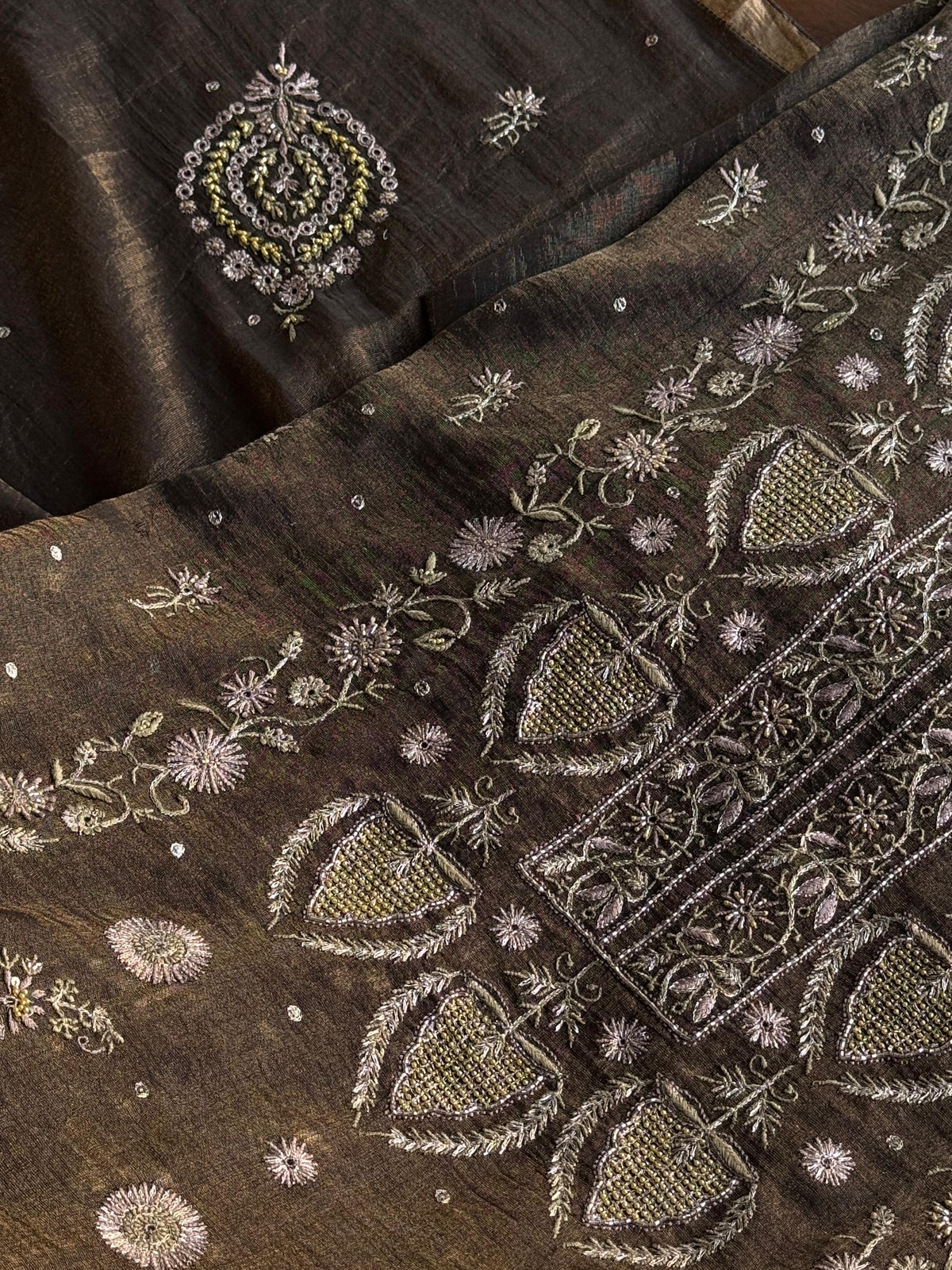 Goldish Black Shade Tissue Silk Chikankari Unstitched Fabric