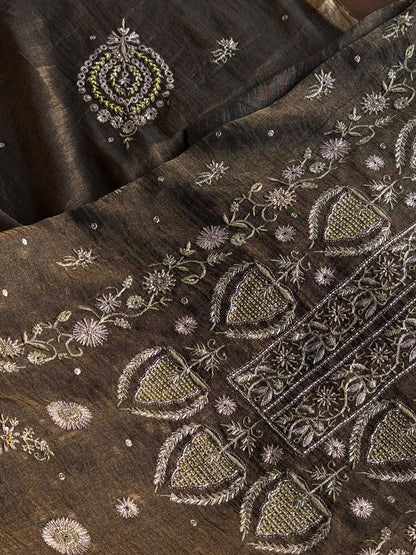 Goldish Black Shade Tissue Silk Chikankari Unstitched Fabric