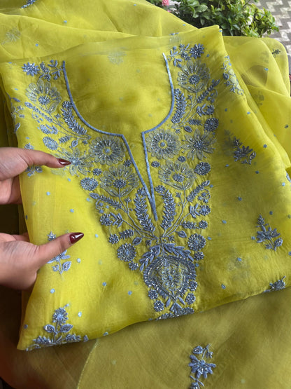 Lime Green & Grey Noor Organza Silk Chikankari Unstitched Fabric