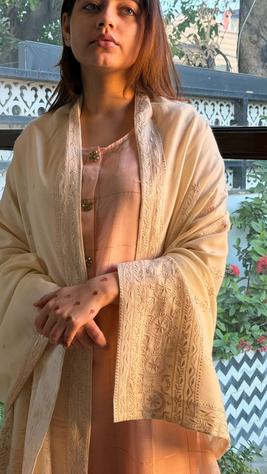 Natural Beige Shade Saman Pashmina Resham Thread Chikankari Shawl