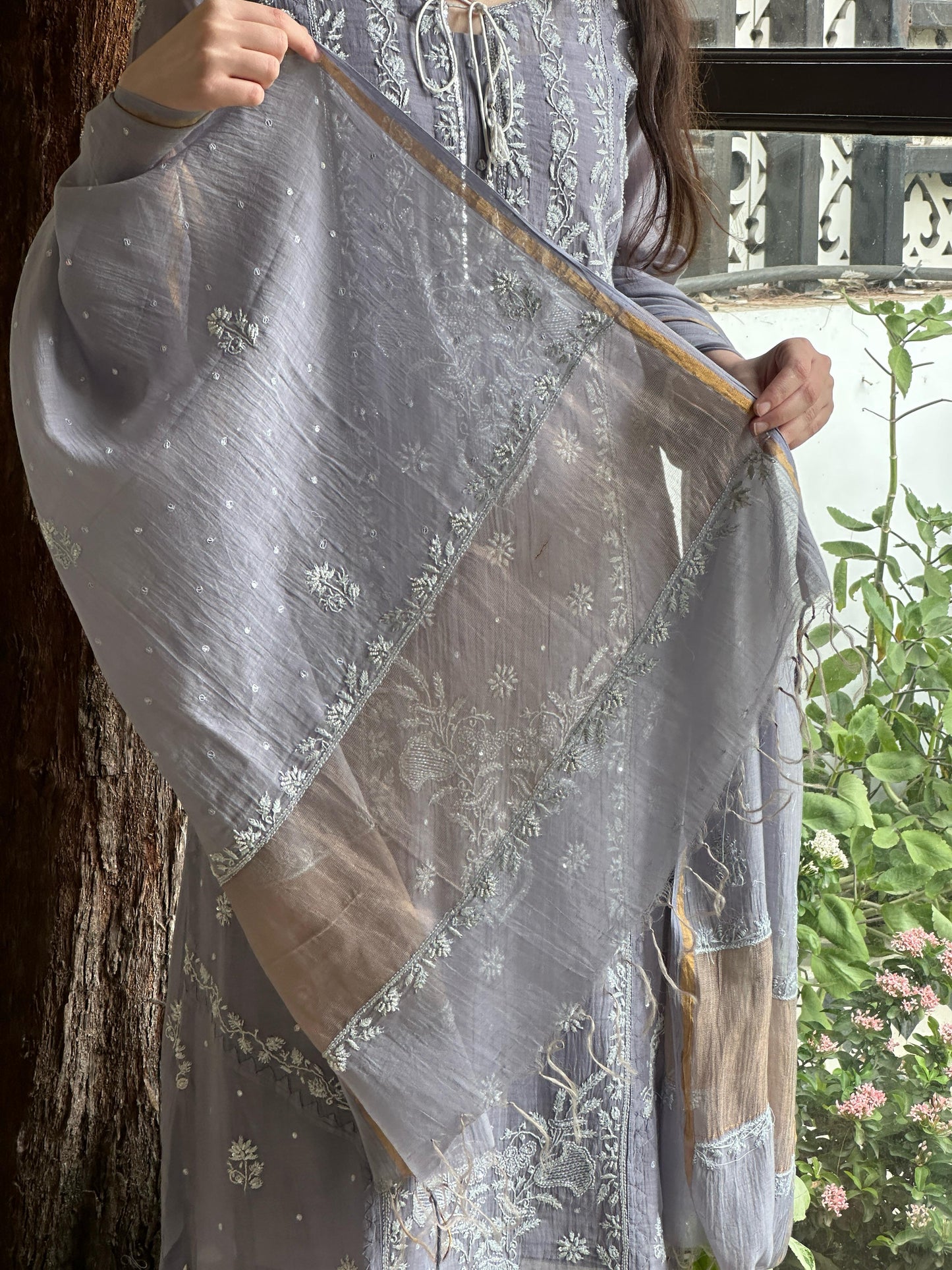 Grey Shade Malmal Mukaish Kamdani Chikankari Kurta Set
