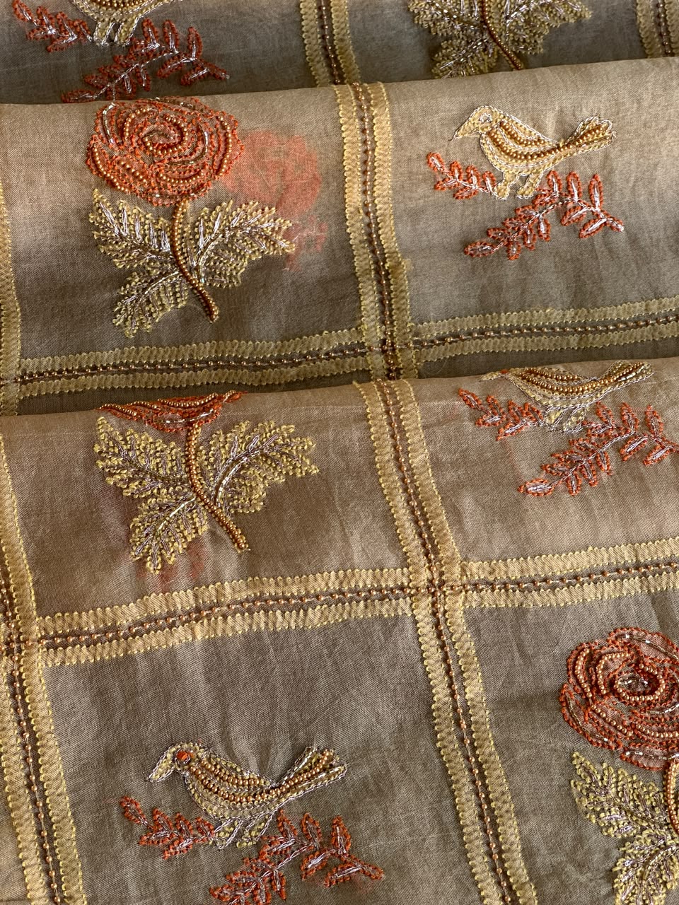Dark Beige Organza Banarasi Silk Chikankari Unstitched Kurta Dupatta Set