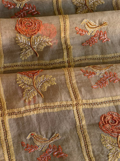 Dark Beige Organza Banarasi Silk Chikankari Unstitched Kurta Dupatta Set
