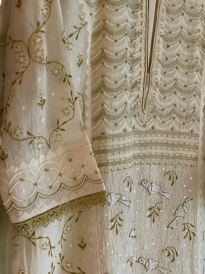 Ivory & Green Mul Chanderi Pearl Work Chikankari Kurta Set