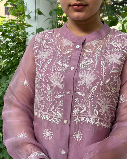 Dull Purple Noor Organza Resham Chikankari Front Open Short Top
