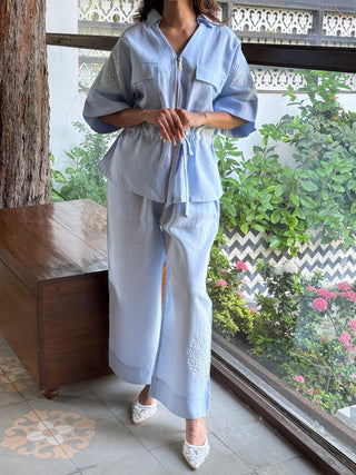 Powder Blue Linen Chikankari Safari Co-Ord Set