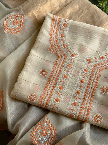 Cream Shade Tissue Zari Kota Chikankari Unstitched Fabric