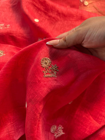 Brick Red Linen Silk Chikankari With Ari Work Unstitched Kurta Dupatta Set