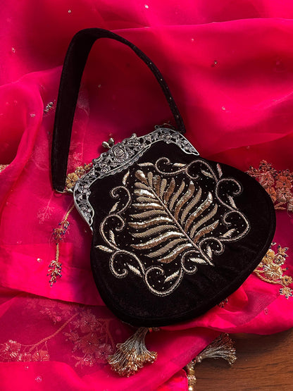 Jet Black Velvet Ari Mukaish Zardosi Sling Bag
