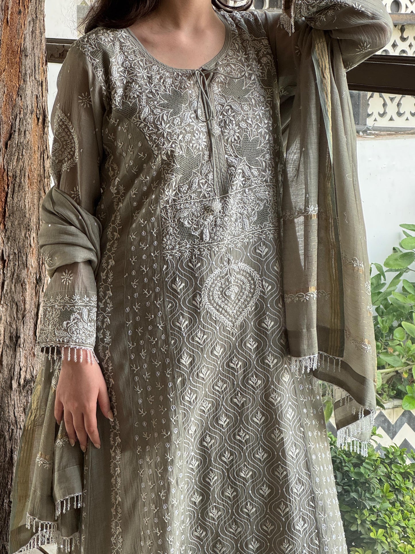 Slate Grey Shade Malmal Pearl Work Chikankari Anarkali