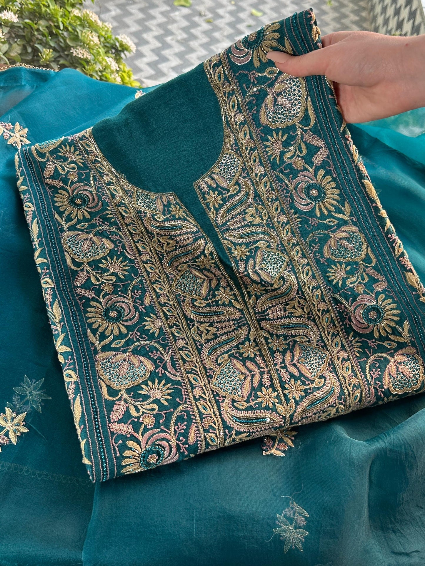 Peacock Blue Shade Moonga Silk Chikankari Unstitched Fabric