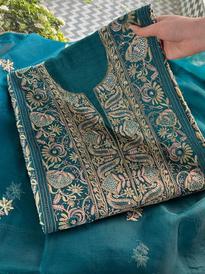 Peacock Blue Shade Moonga Silk Chikankari Unstitched Fabric