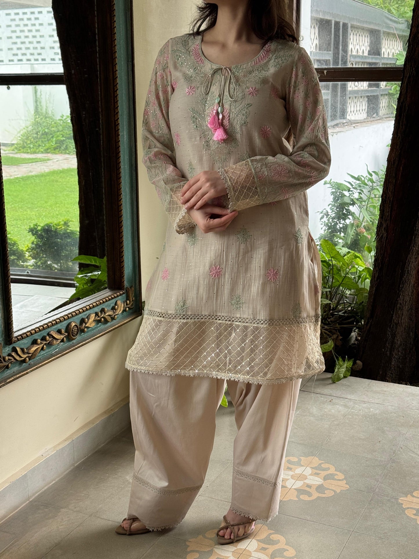 Nude Beige Shade Mul Chanderi Chikankari Farshi Sets