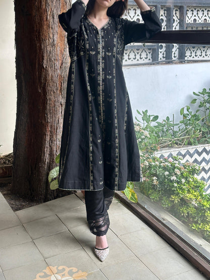 Black Handspun Malkha Chikankari Panel Tunic