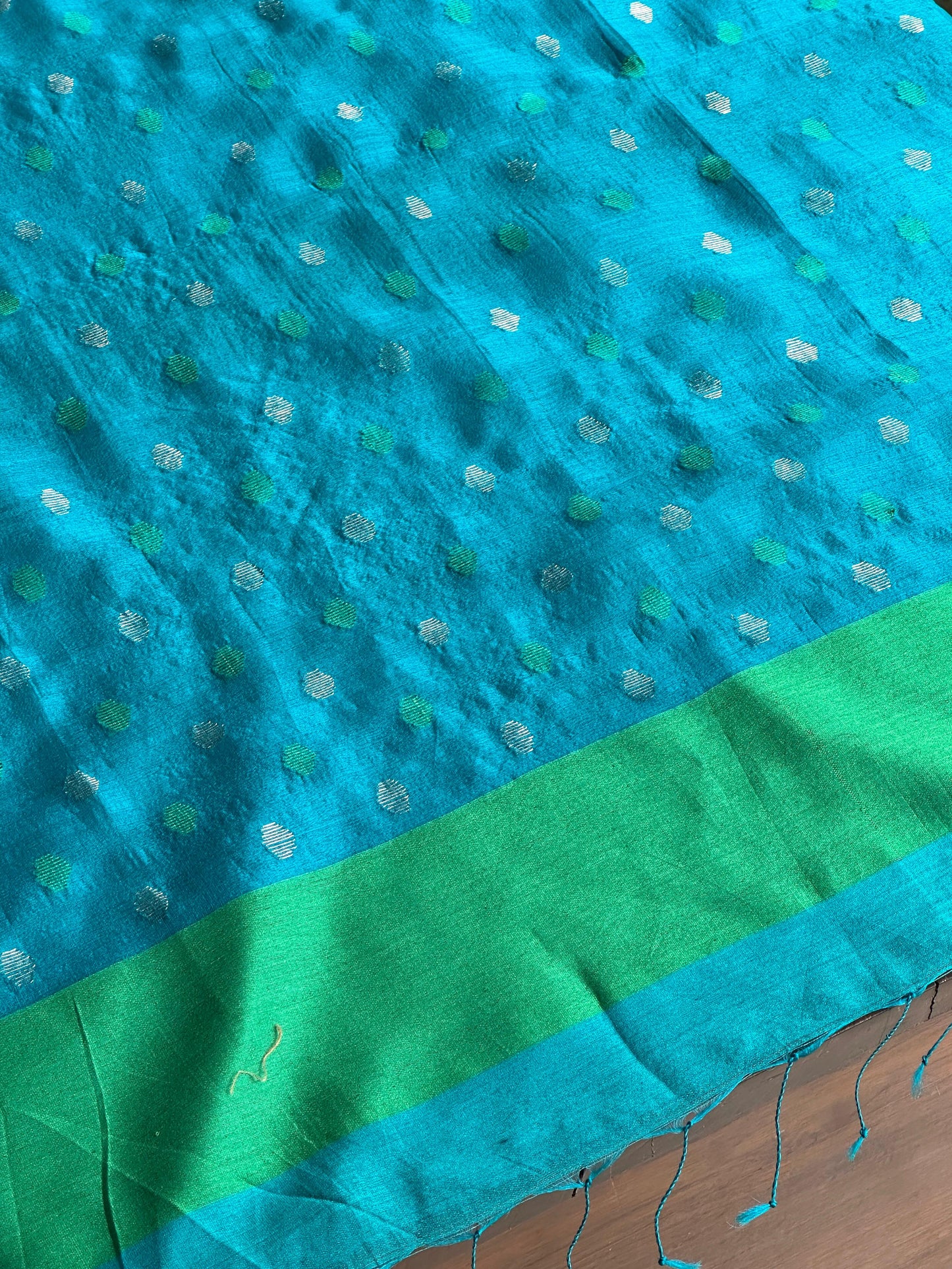 Blue Woven Butta Saree with Contrast Green Border