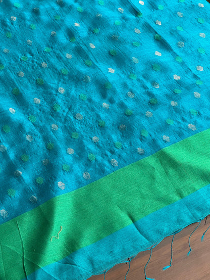 Blue Woven Butta Saree with Contrast Green Border