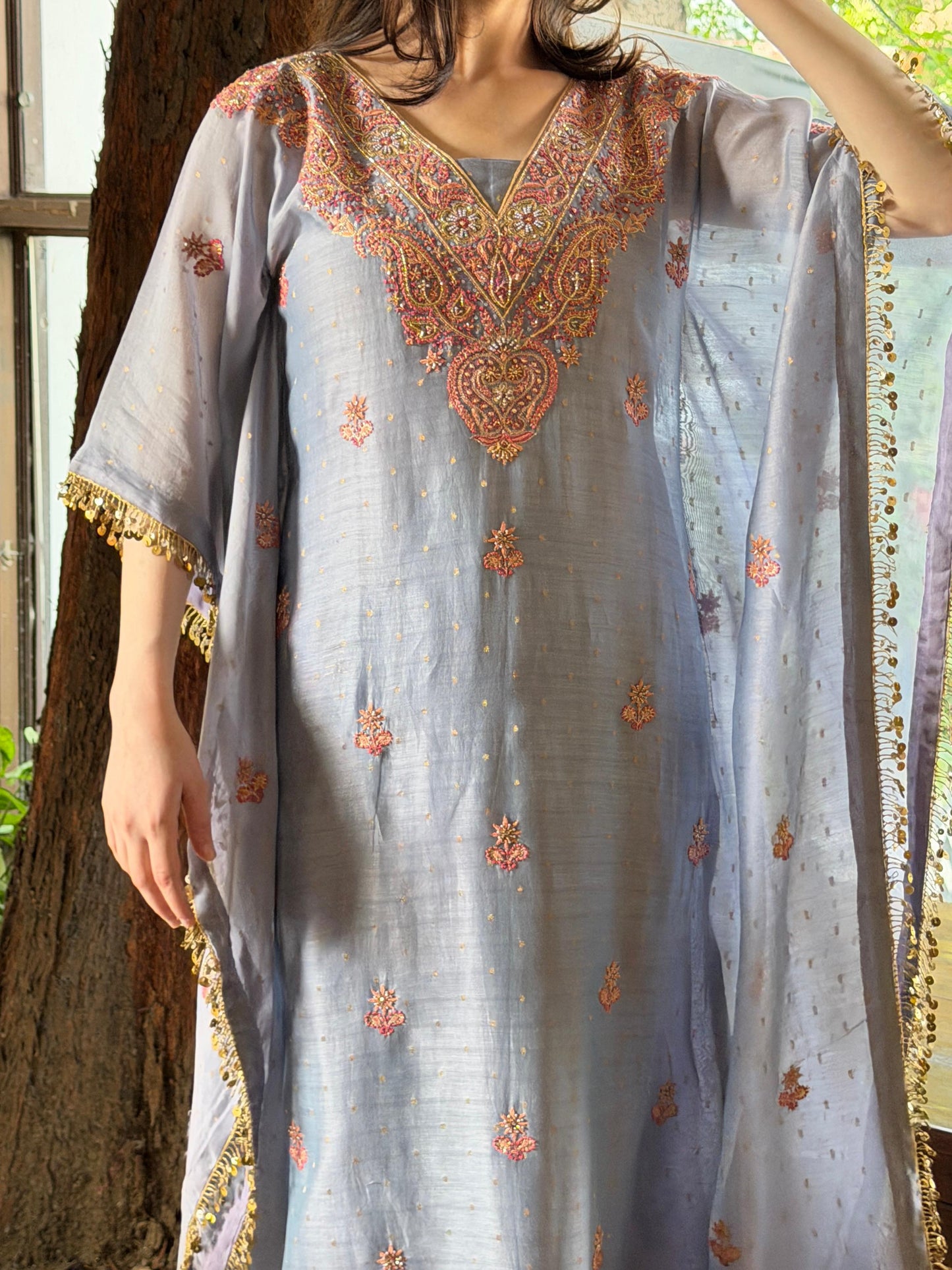 Lavender Zari Chanderi Chikankari Kaftan