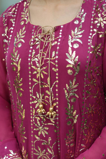 Plum Pink Shade Heavy Mukaish Badla Anarkali Suit Set