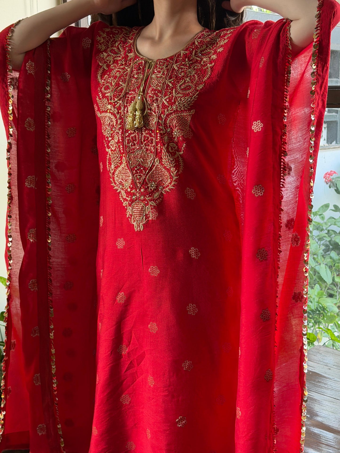 Red Zari Chanderi Chikankari Kaftan
