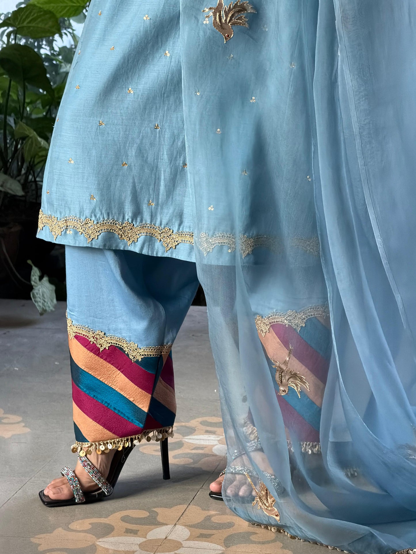 Pastel Blue Chanderi Silk Bird Motif Khadi Salwar Set