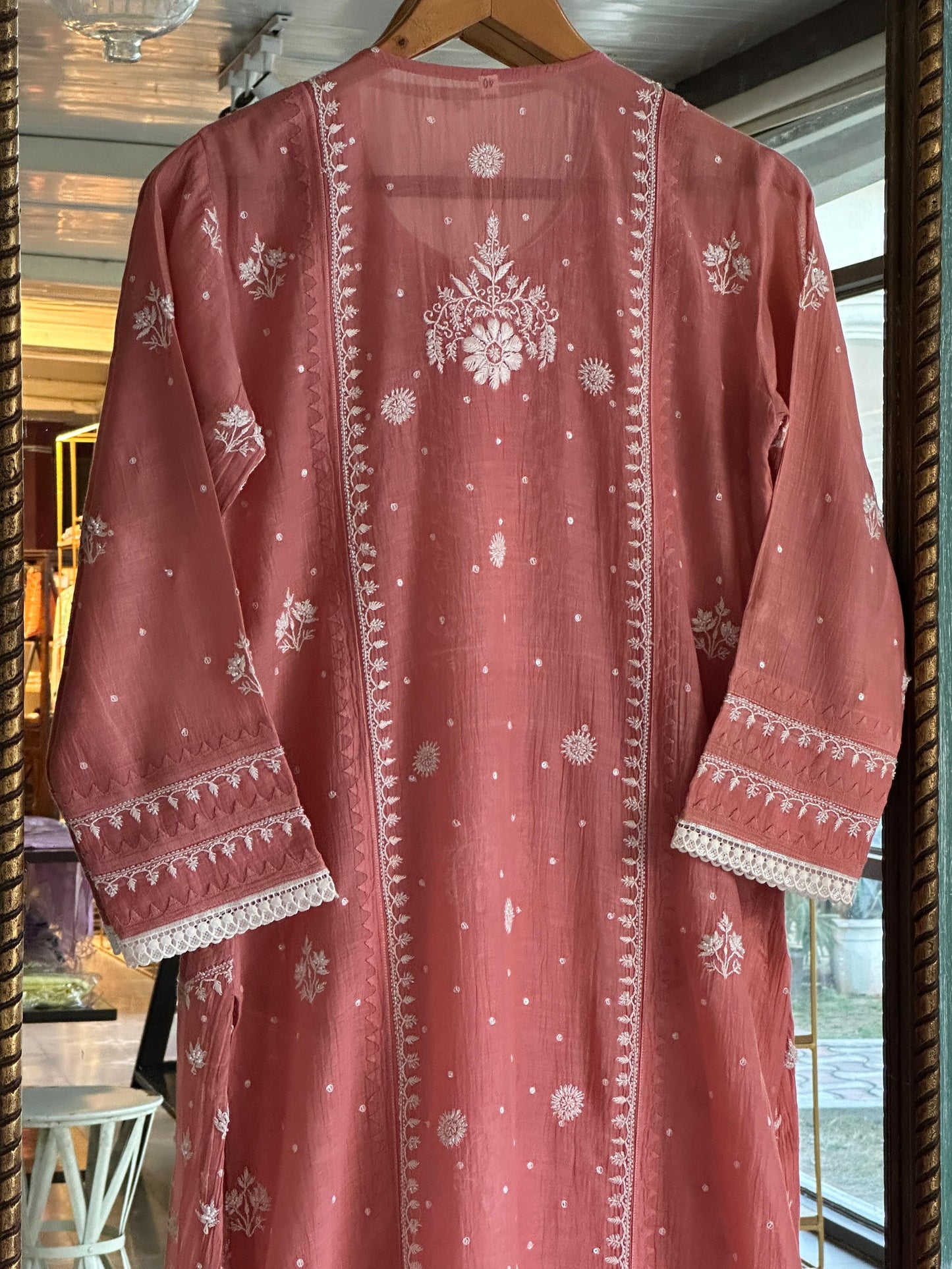 Onion Pink Shade Malmal Pearl Work Chikankari Kurta With Dupatta