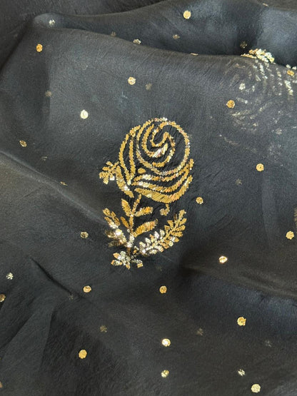 Jet Black | Noor Organza Silk Chikankari Unstitched Kurta Dupatta Set