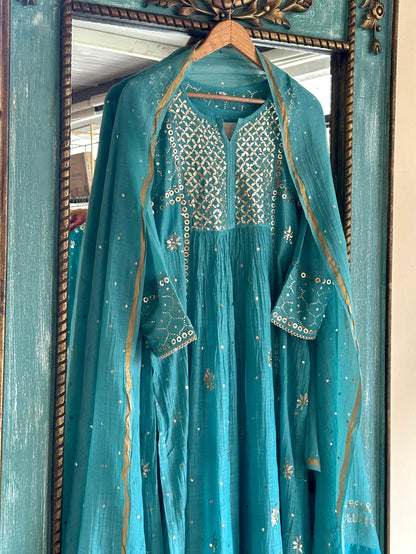 Sea Green Shade Mukaish Mul Chanderi Silk Dress