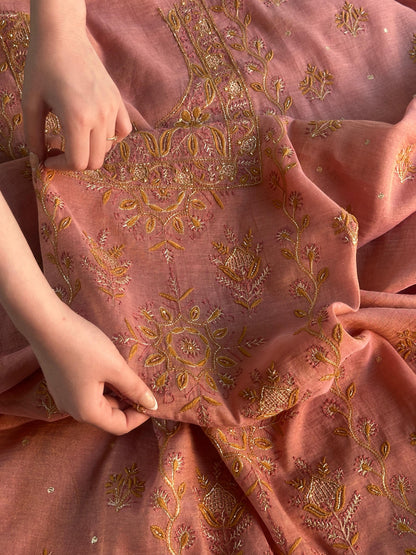 Rose Pink Shade Roheen Tissue Silk Chikankari Unstitched Fabric