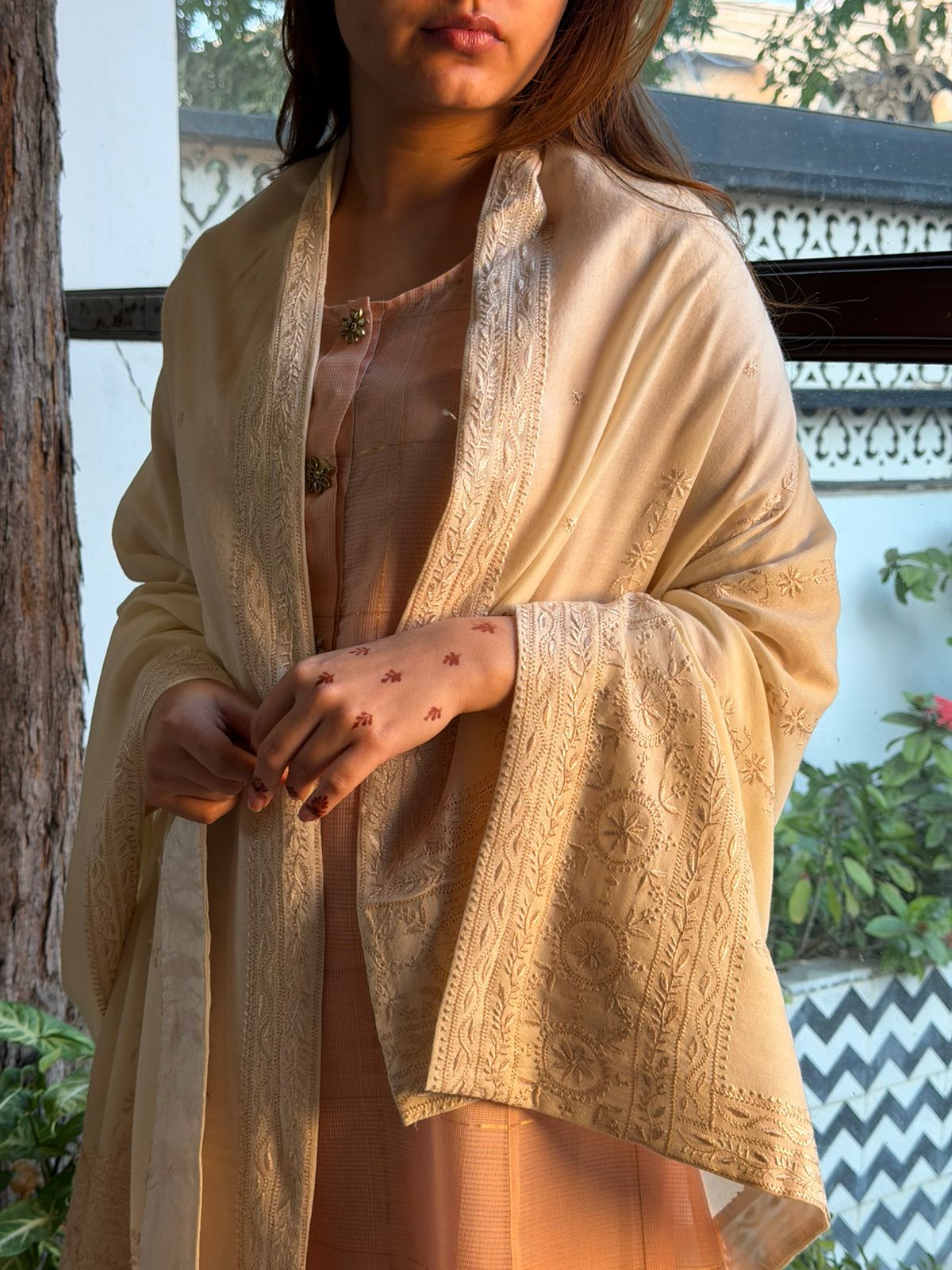 Natural Beige Shade Saman Pashmina Resham Thread Chikankari Shawl