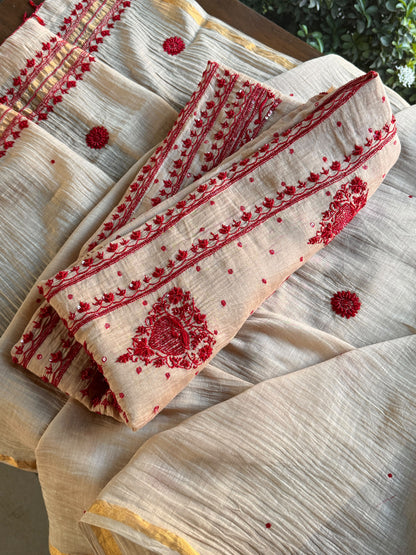 Beige & Red Mal Chanderi Silk Chikankari With Sequins Unstitched Kurta Dupatta Set