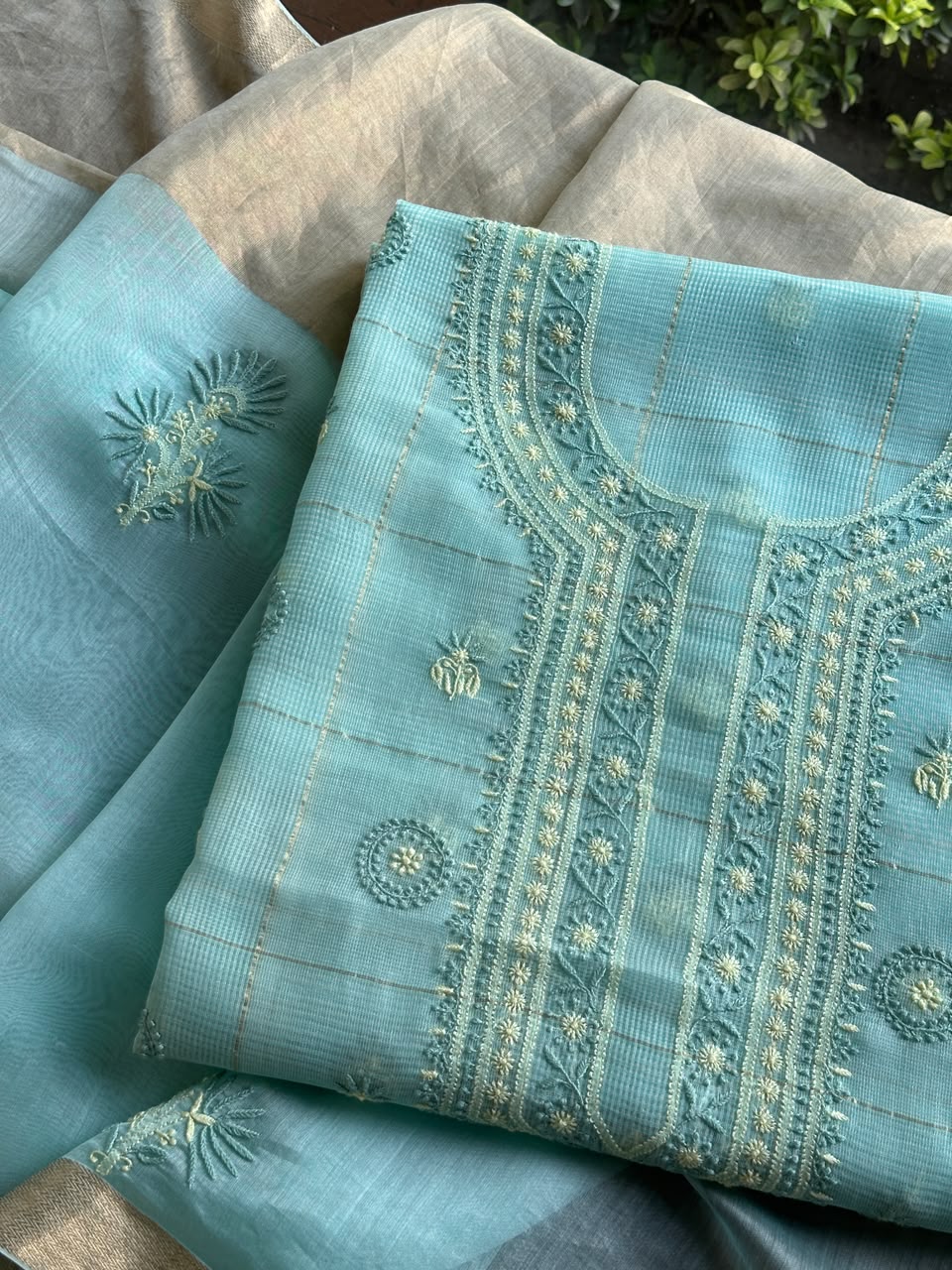 Aqua Green Shade Tissue Zari Kota Chikankari Unstitched Fabric